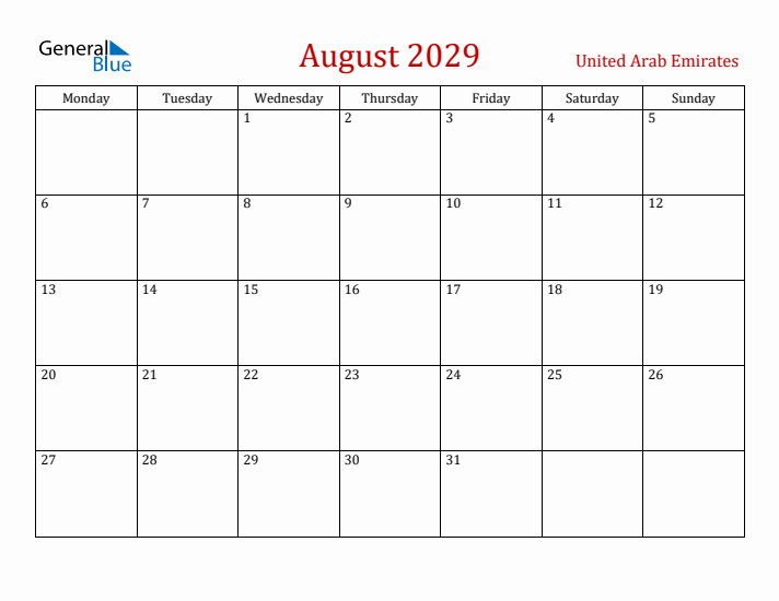 United Arab Emirates August 2029 Calendar - Monday Start