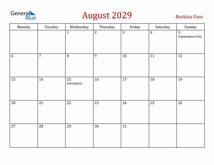 Burkina Faso August 2029 Calendar - Monday Start