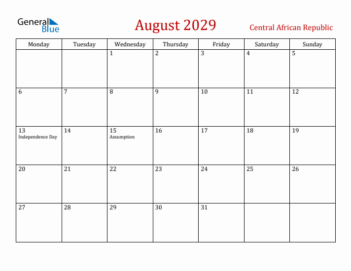 Central African Republic August 2029 Calendar - Monday Start