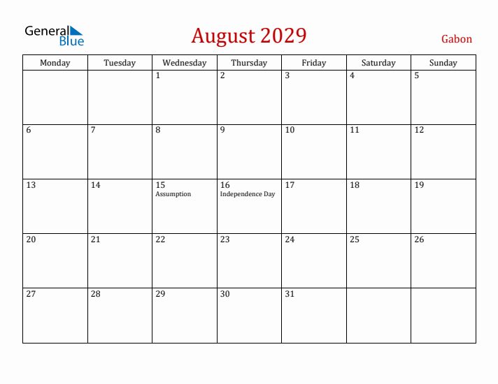 Gabon August 2029 Calendar - Monday Start
