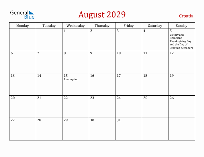 Croatia August 2029 Calendar - Monday Start