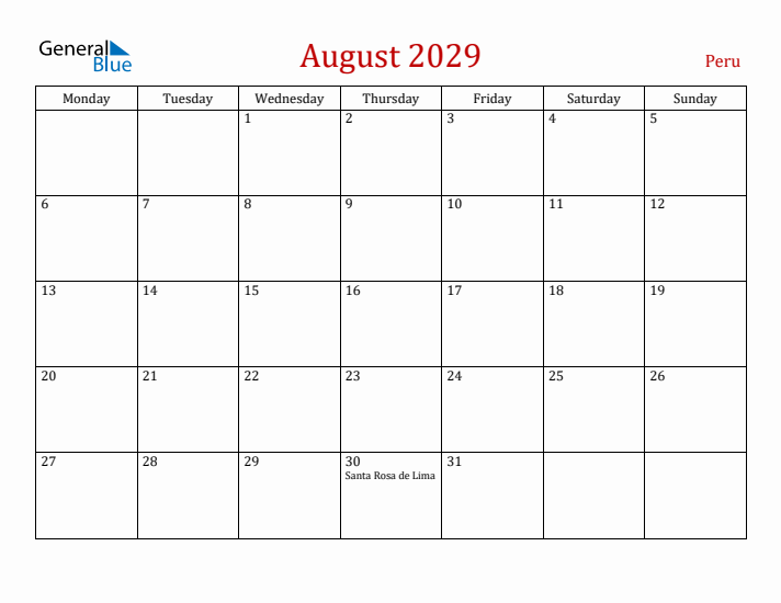 Peru August 2029 Calendar - Monday Start