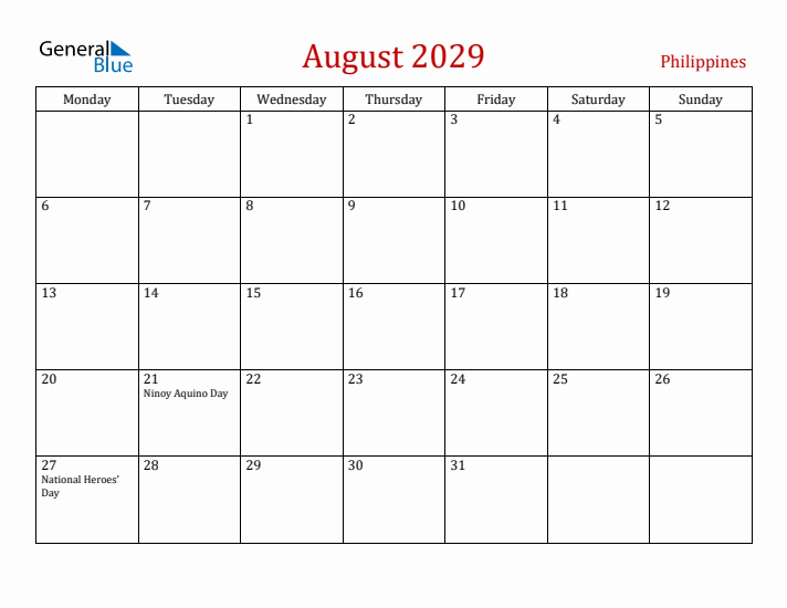 Philippines August 2029 Calendar - Monday Start