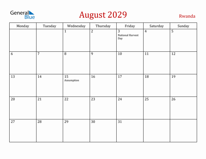 Rwanda August 2029 Calendar - Monday Start