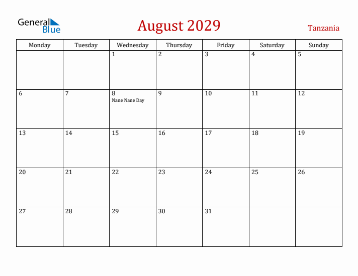 Tanzania August 2029 Calendar - Monday Start
