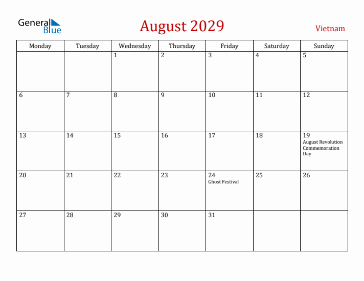 Vietnam August 2029 Calendar - Monday Start