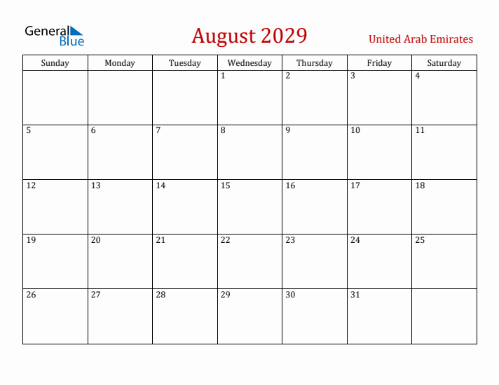 United Arab Emirates August 2029 Calendar - Sunday Start