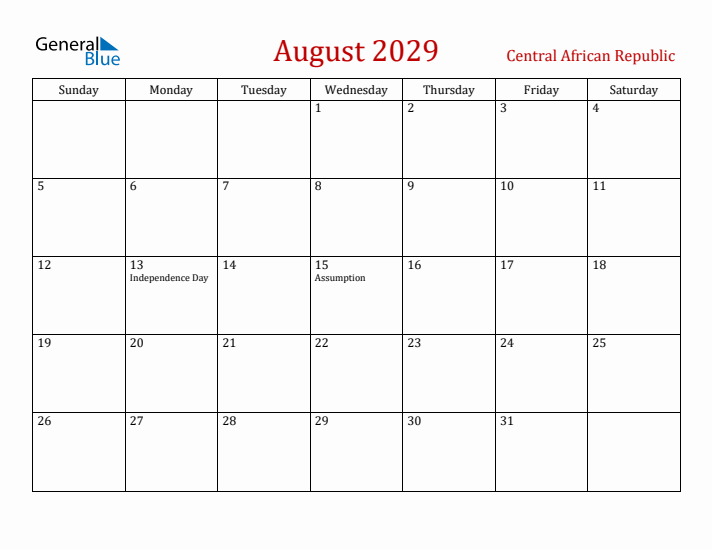 Central African Republic August 2029 Calendar - Sunday Start