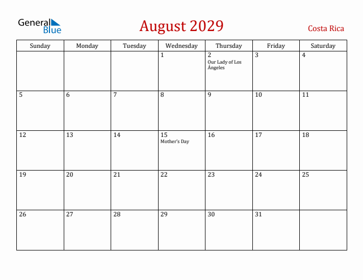 Costa Rica August 2029 Calendar - Sunday Start