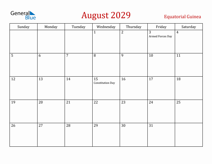 Equatorial Guinea August 2029 Calendar - Sunday Start