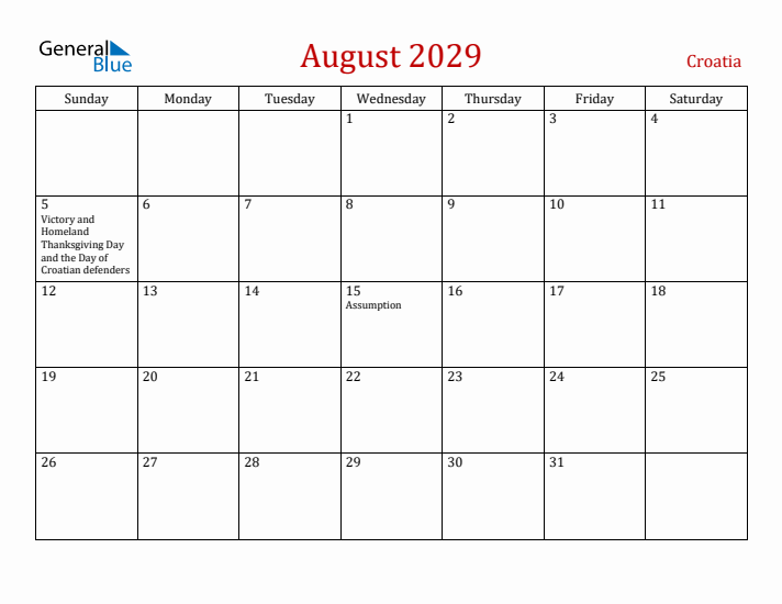 Croatia August 2029 Calendar - Sunday Start