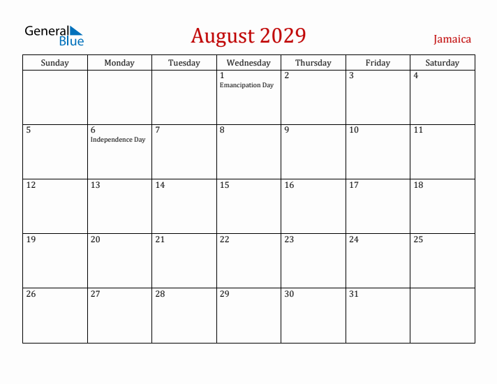Jamaica August 2029 Calendar - Sunday Start