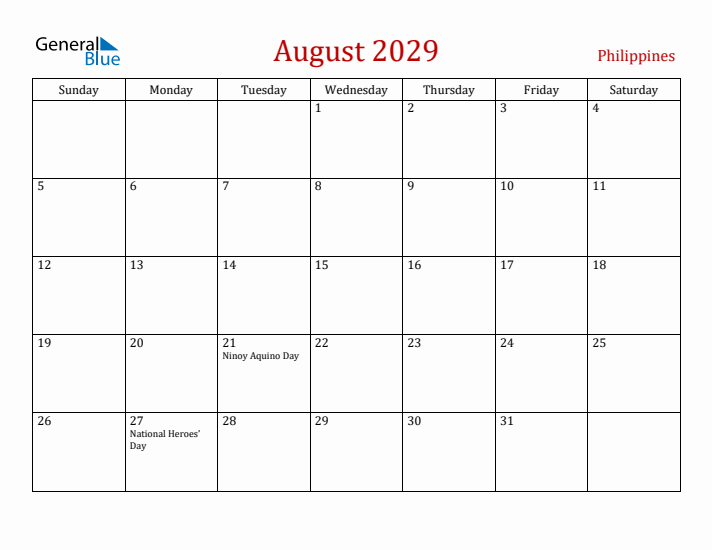 Philippines August 2029 Calendar - Sunday Start