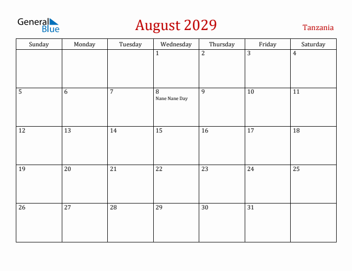 Tanzania August 2029 Calendar - Sunday Start