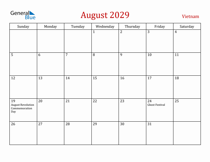 Vietnam August 2029 Calendar - Sunday Start