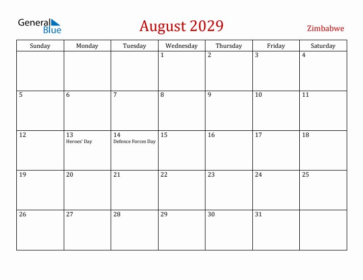 Zimbabwe August 2029 Calendar - Sunday Start