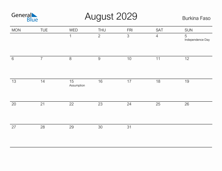 Printable August 2029 Calendar for Burkina Faso