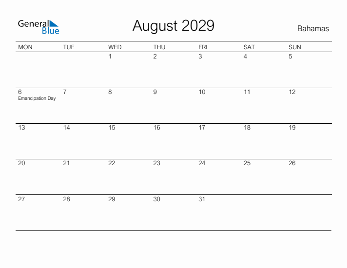Printable August 2029 Calendar for Bahamas