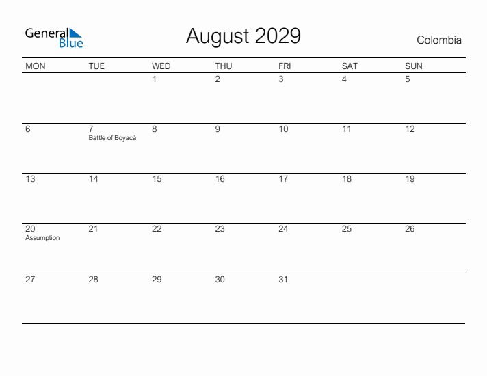 Printable August 2029 Calendar for Colombia