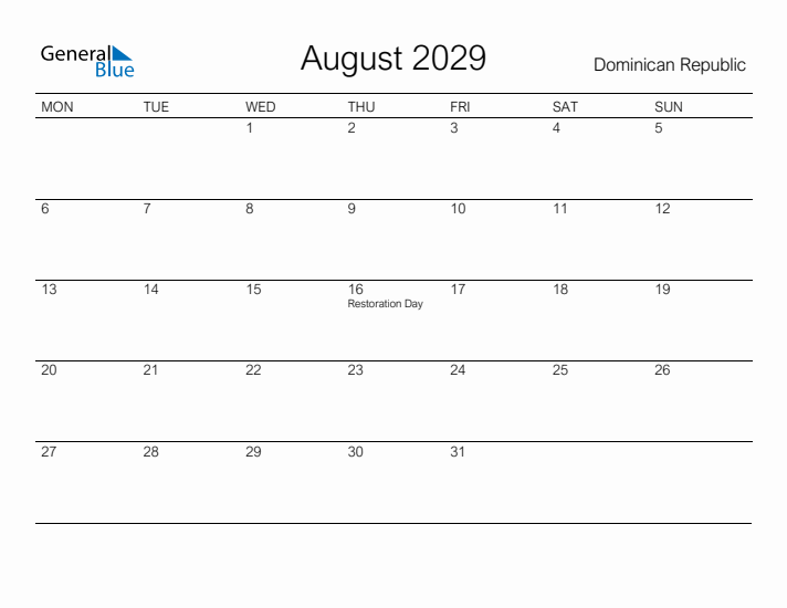Printable August 2029 Calendar for Dominican Republic