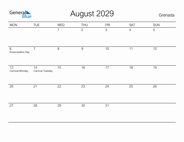 Printable August 2029 Calendar for Grenada