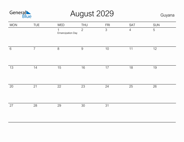 Printable August 2029 Calendar for Guyana