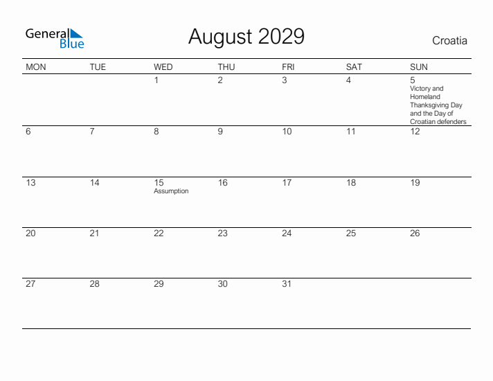 Printable August 2029 Calendar for Croatia