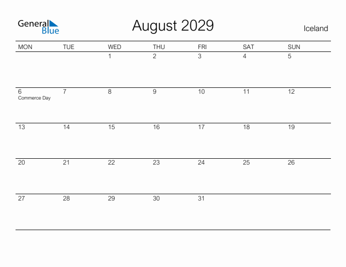 Printable August 2029 Calendar for Iceland