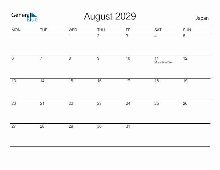 Printable August 2029 Calendar for Japan