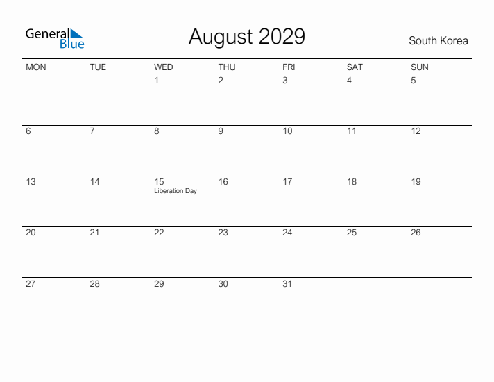 Printable August 2029 Calendar for South Korea