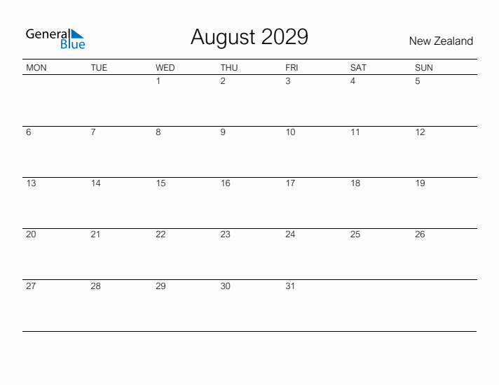 Printable August 2029 Calendar for New Zealand