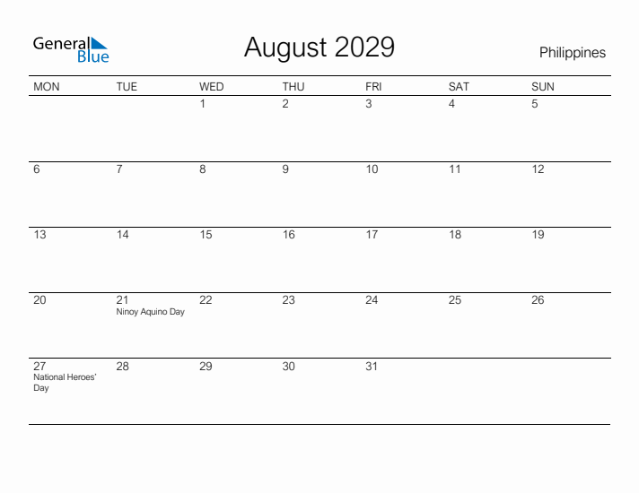 Printable August 2029 Calendar for Philippines
