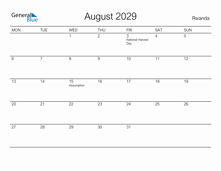 Printable August 2029 Calendar for Rwanda
