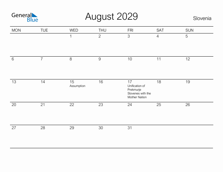 Printable August 2029 Calendar for Slovenia
