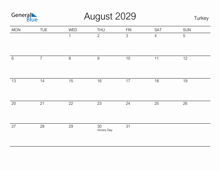 Printable August 2029 Calendar for Turkey
