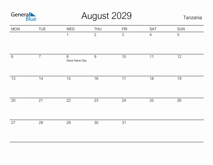 Printable August 2029 Calendar for Tanzania