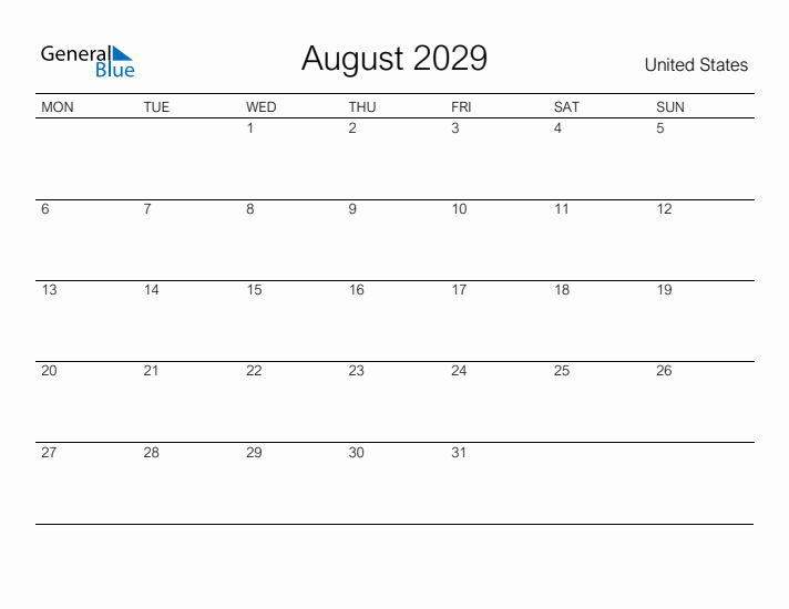 Printable August 2029 Calendar for United States