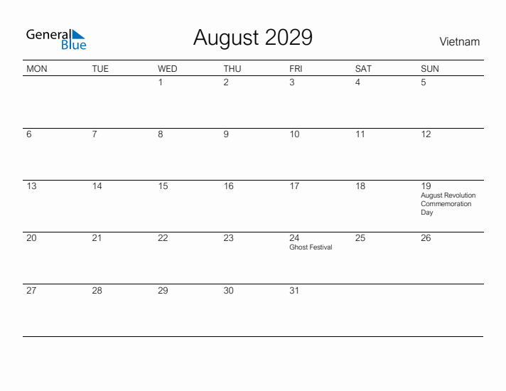 Printable August 2029 Calendar for Vietnam