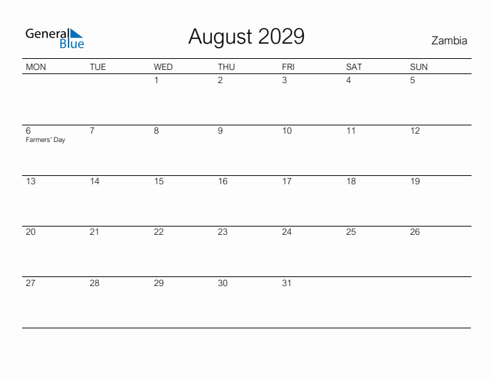 Printable August 2029 Calendar for Zambia