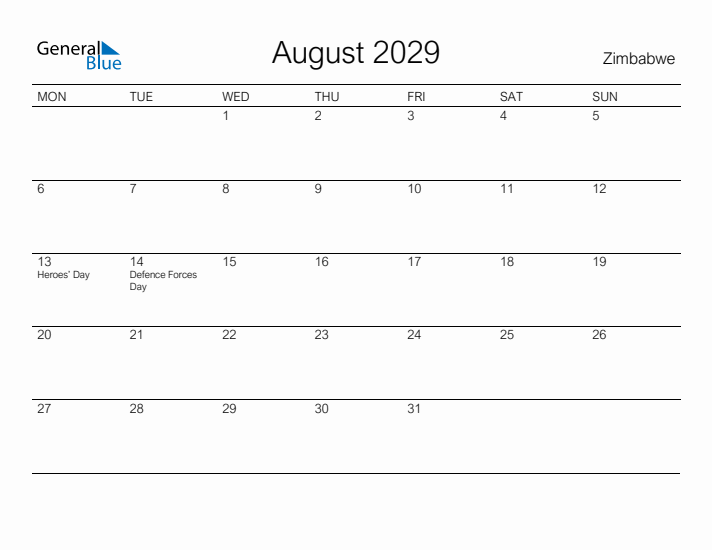 Printable August 2029 Calendar for Zimbabwe