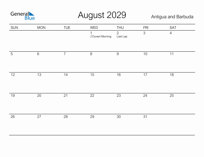 Printable August 2029 Calendar for Antigua and Barbuda