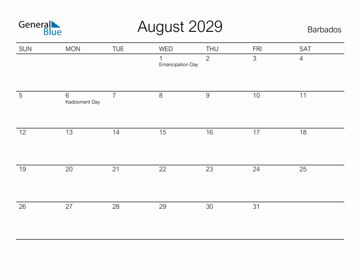 Printable August 2029 Calendar for Barbados
