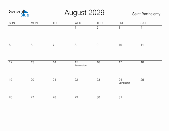 Printable August 2029 Calendar for Saint Barthelemy