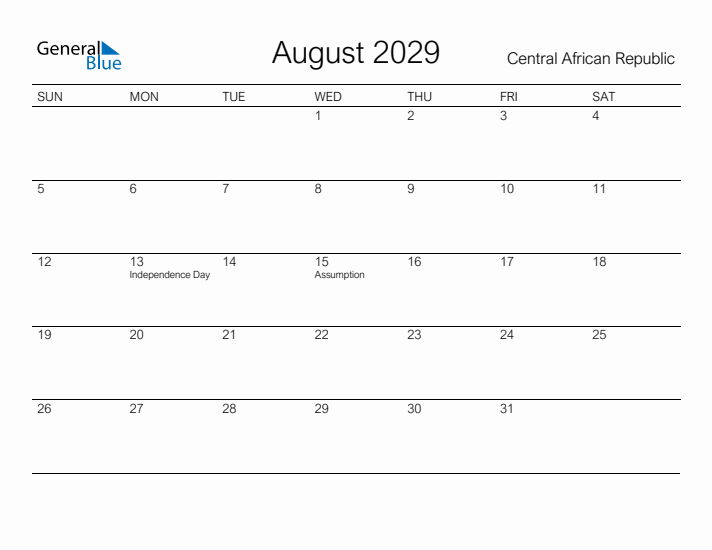 Printable August 2029 Calendar for Central African Republic