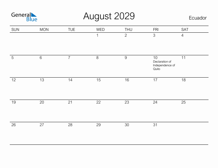 Printable August 2029 Calendar for Ecuador