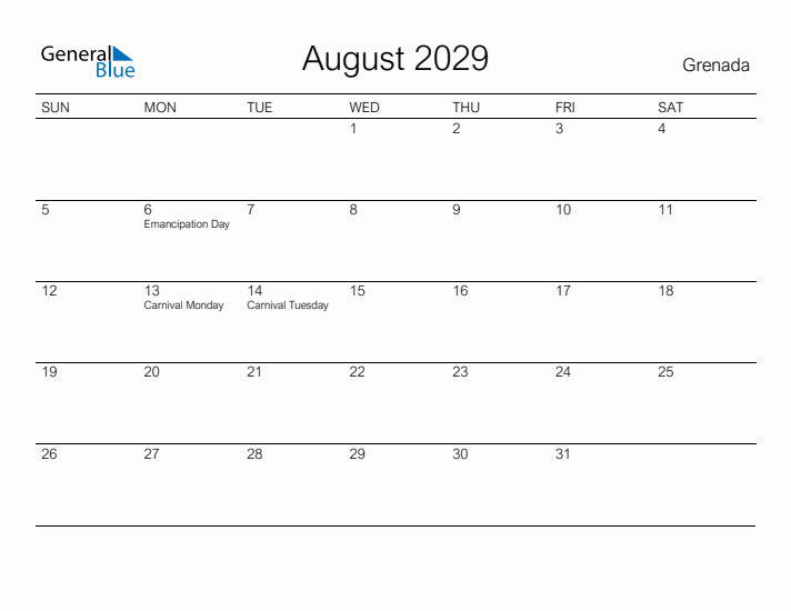 Printable August 2029 Calendar for Grenada