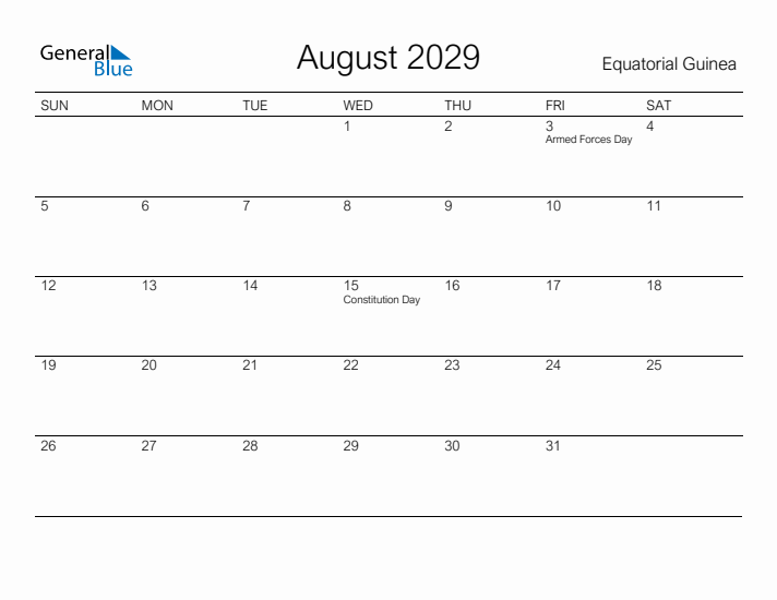 Printable August 2029 Calendar for Equatorial Guinea