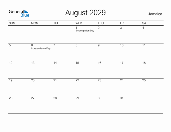 Printable August 2029 Calendar for Jamaica