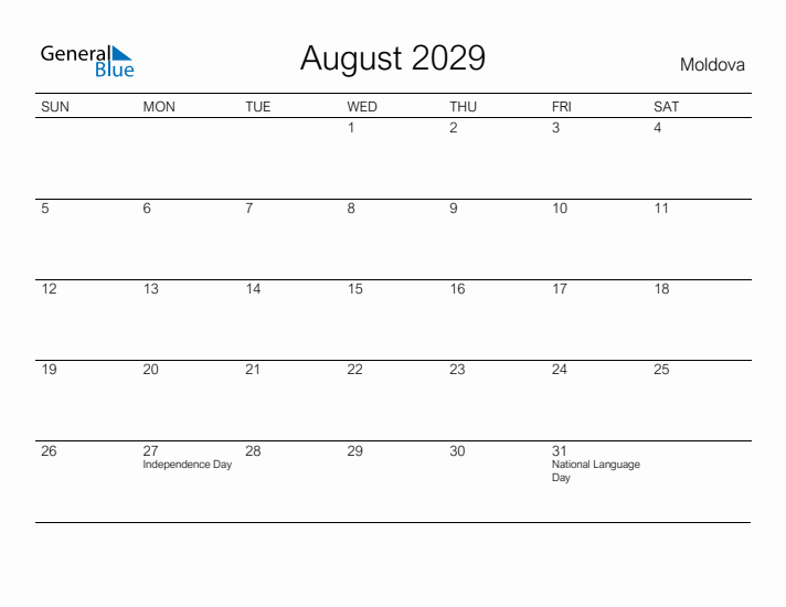 Printable August 2029 Calendar for Moldova