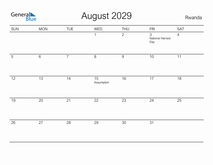 Printable August 2029 Calendar for Rwanda